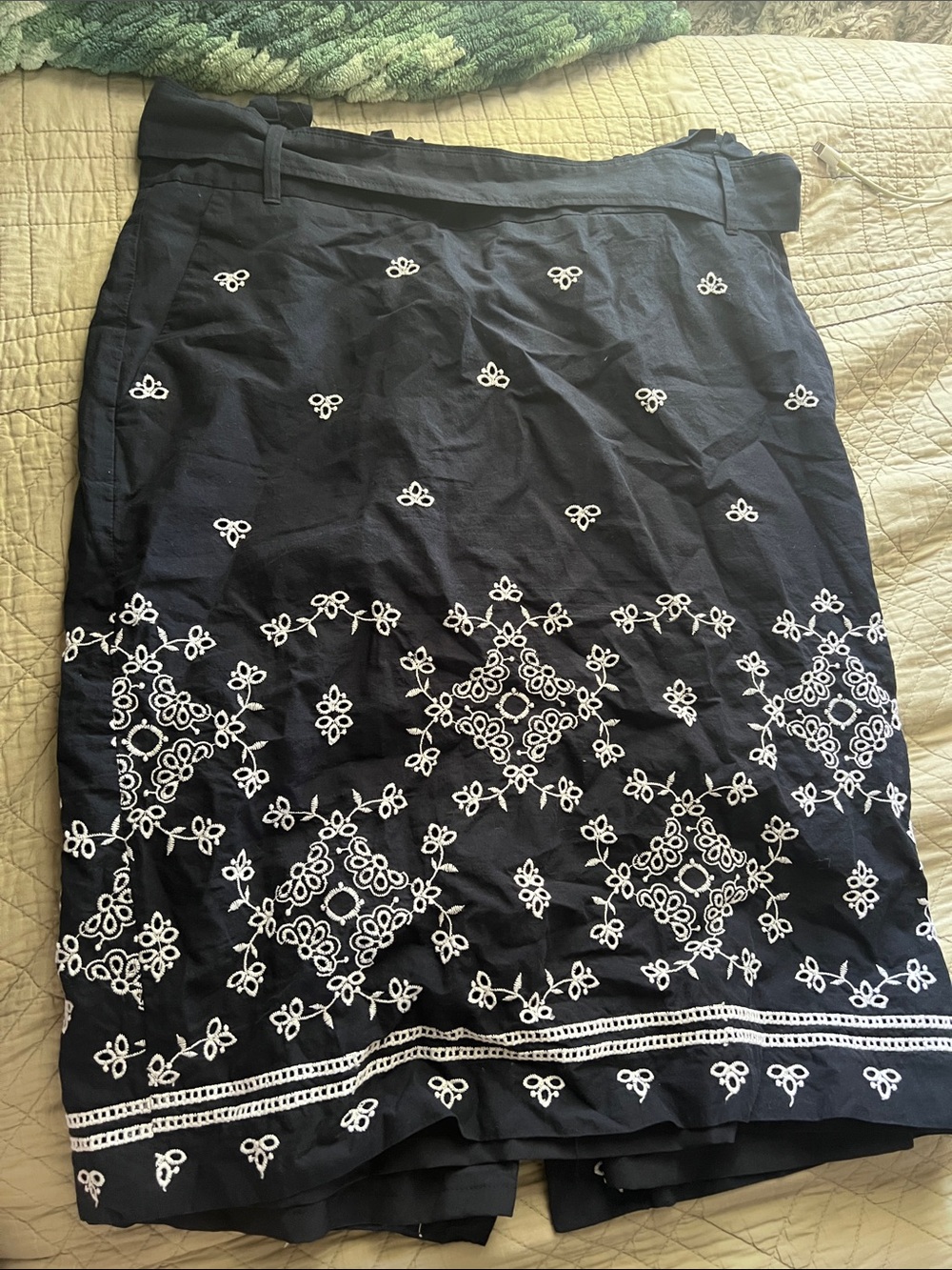Ann Taylor Black Midi Skirt with White Embroidered Floral Border
